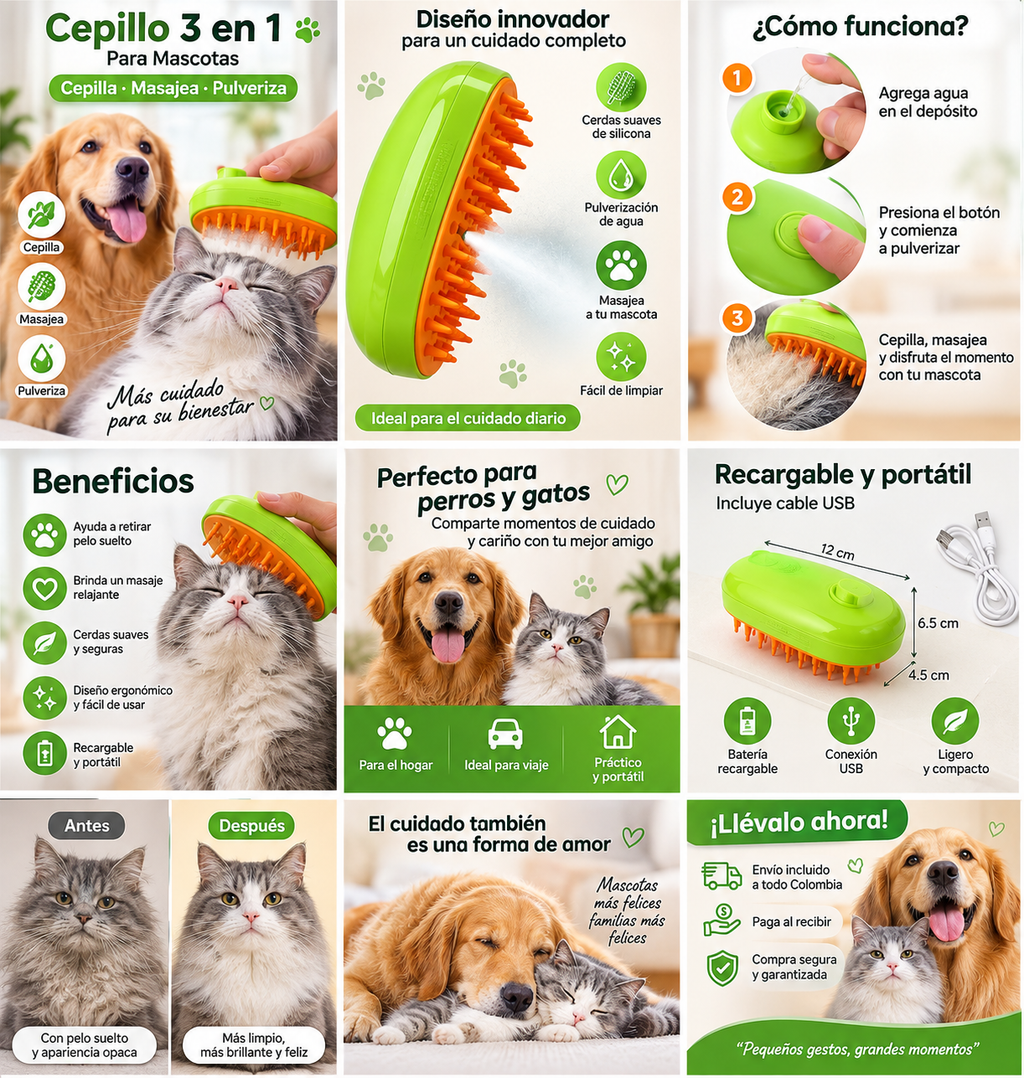 Cepillo 3 en 1 para Mascotas con Pulverizador
