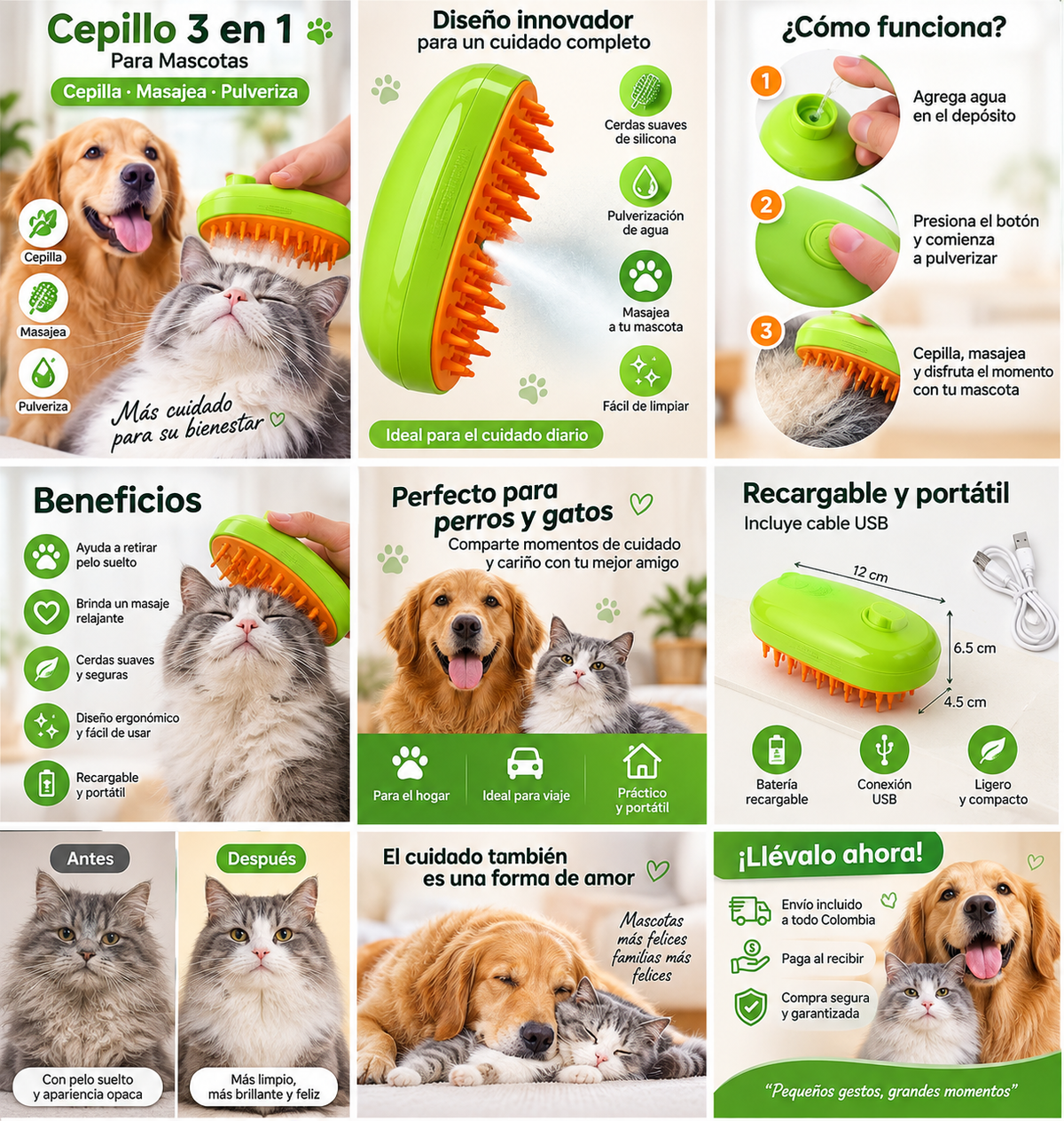 Cepillo 3 en 1 para Mascotas con Pulverizador