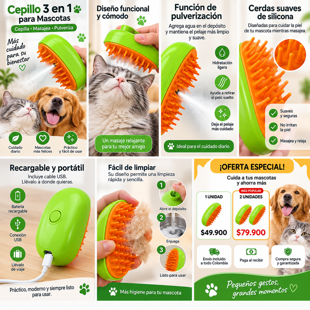 Cepillo 3 en 1 para Mascotas con Pulverizador